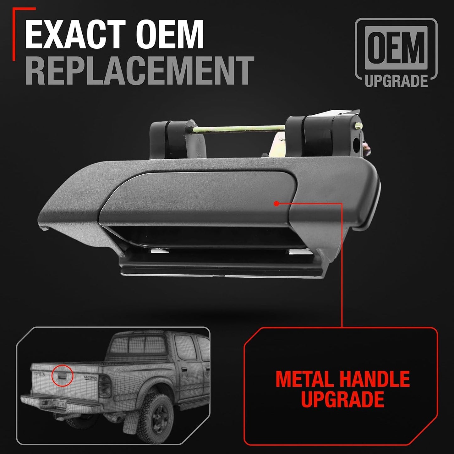 Tailgate Handle Assembly, Upgraded Metal - Compatible with 1995-2004 Toyota Tacoma Pickup - Liftgate Latch Assembly Textured Black - OEM 6909035010, TO1915102, 79605 - Tailgate Handle (Metal)