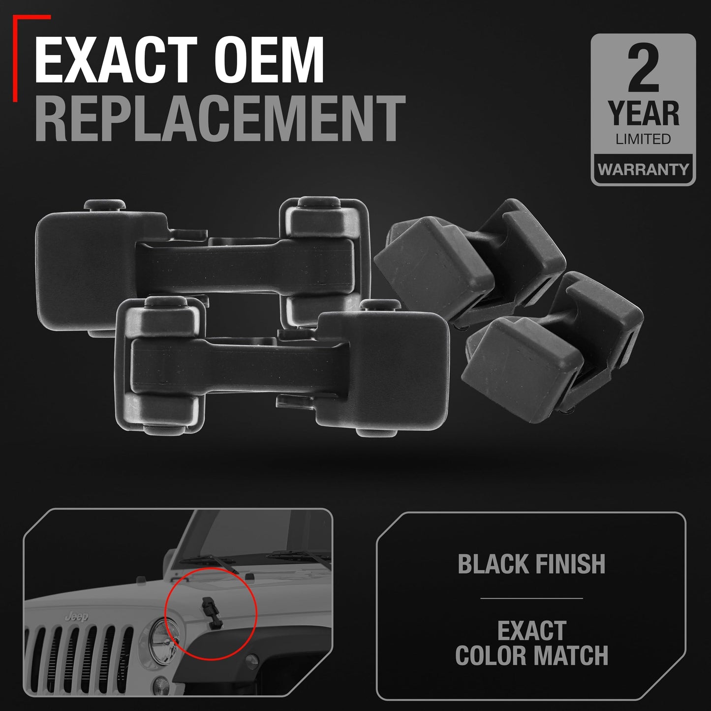 2007-2018 Jeep Wrangler Hood Latch Replacement Set Driver and Passenger Side - Rubber Hood Lock Catch Kit