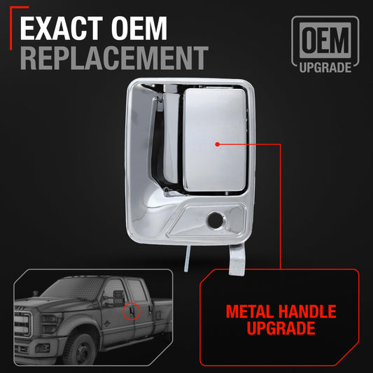 T1A Exterior Front Driver Door Handle, Upgraded Metal - Compatible with 1999-2016 Ford F-250 F-350 F-450 F-550 F-650 Super Duty; 00-05 Excursion - All Chrome w/Keyhole - OEM 7C3Z-2522405-ACHMT, 79306 - Front Driver Side Handle