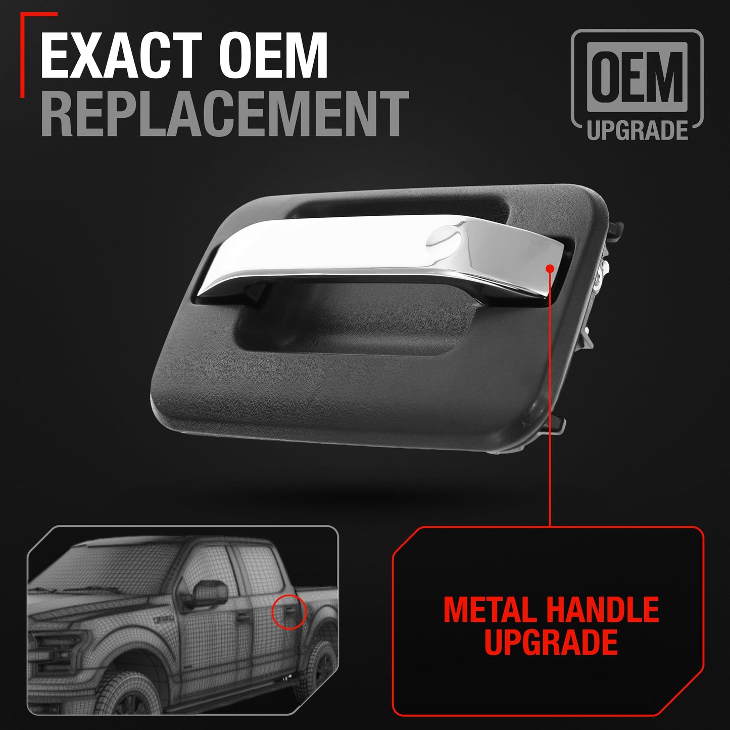 Ford F-150, Lobo, Mark LT Exterior Rear Driver Door Handle, Upgraded Metal - Chrome, Black - Rear Driver Side Handle