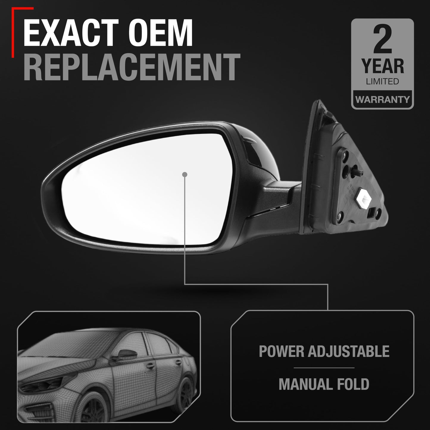 2019-2024 Kia Forte Driver Side Mirror Replacement Powered Manual Fold Flat Glass Smooth Black - Driver Side Mirror