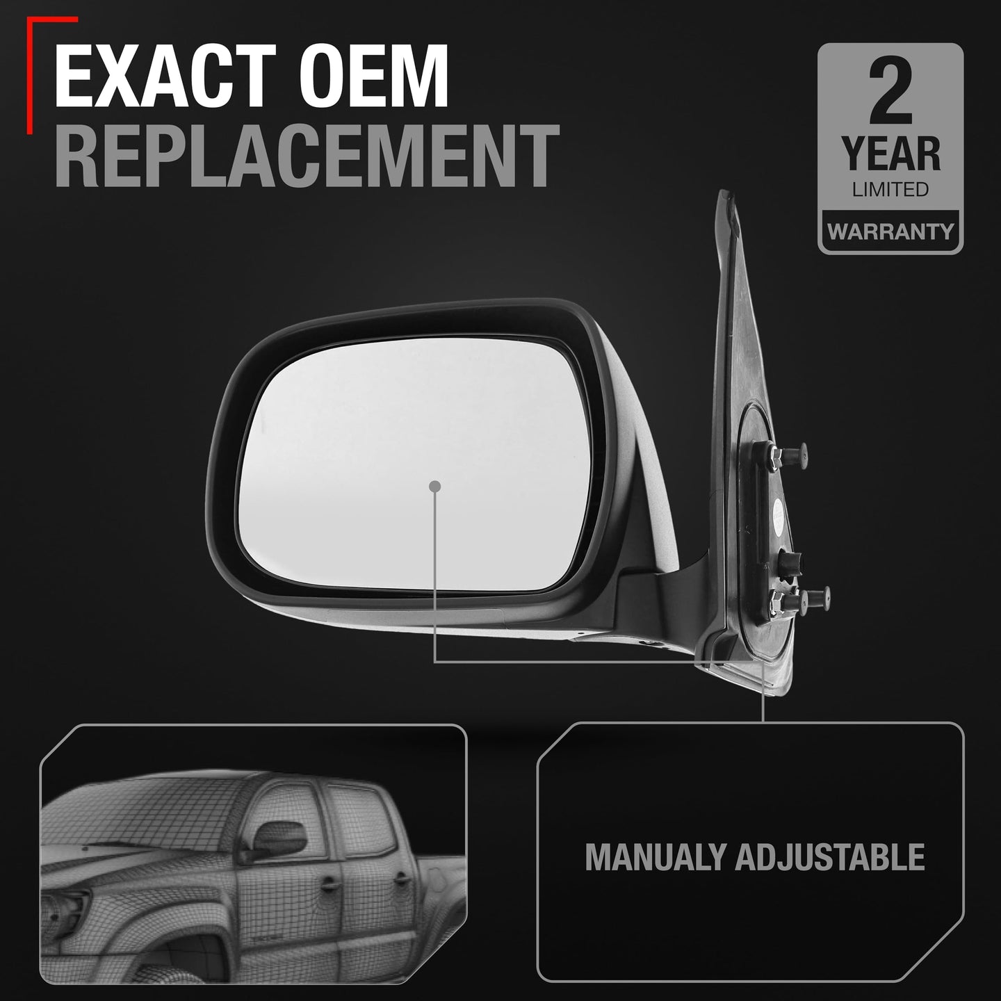 2005-2011 Toyota Tacoma Driver Side Mirror Replacement - Manual Adjustment Manual Folding Flat Glass with English Warning Textured Black - Driver Side Mirror