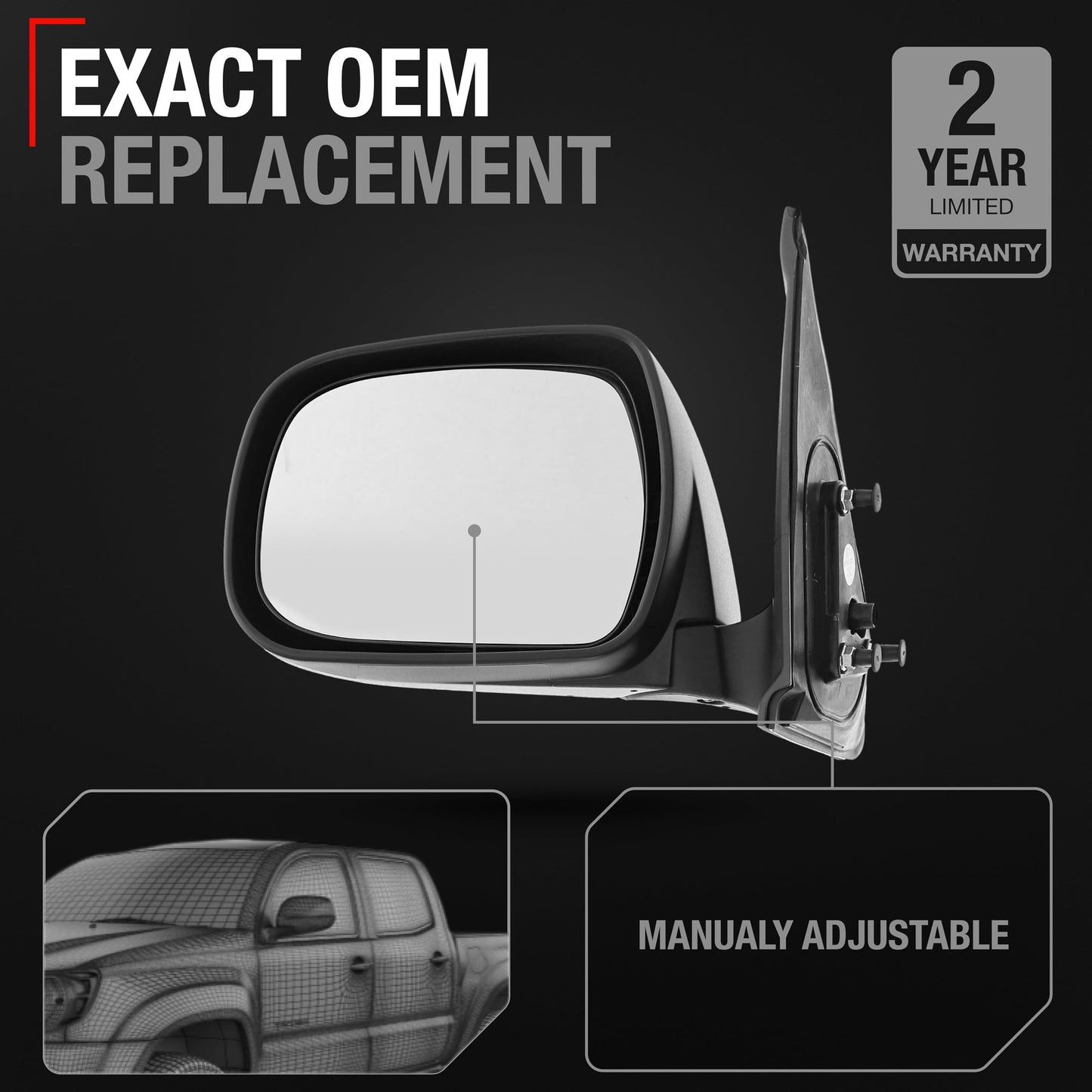 2005-2011 Toyota Tacoma Driver Side Mirror Replacement - Manual Adjustment Manual Folding Flat Glass with English Warning Textured Black - Driver Side Mirror