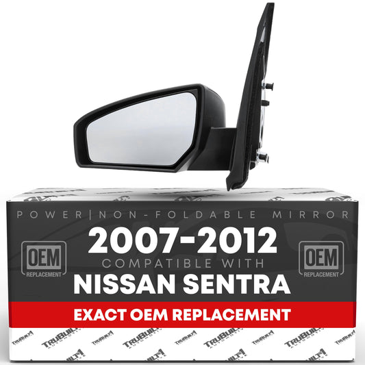 Nissan Sentra Passenger Side Mirror - Non-Foldable, Convex Glass with English Warning, Black Cover - Passenger Side Mirror