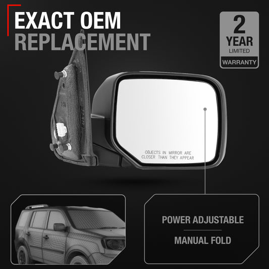 Honda Pilot Passenger Side Mirror - Heated, Manual Fold, Convex Glass, Smooth Black Finish - Passenger Side Mirror