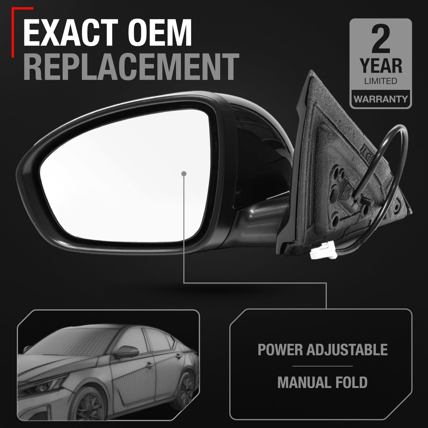 2019-2024 Nissan Altima Driver Side Mirror Replacement Powered Manual Fold Flat Glass Smooth Black