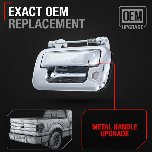 T1A Tailgate Handle Latch, Upgraded Metal - Compatible with 2008-2015 Ford F-150, F-250, F-350, F-450, F-550 Super Duty, 08-15 Ford Lobo - All Chrome w/Keyhole - OEM 8L3Z-9943400-ACHMT, 91077M