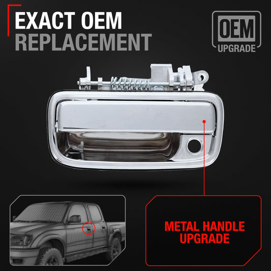 Exterior Front Driver Door Handle Replacement, Upgraded Metal & Plastic Housing - Compatible with 1995-2004 Toyota Tacoma - All Chrome w/Keyhole - OEM 69220-35020 - Front Driver Side Handle