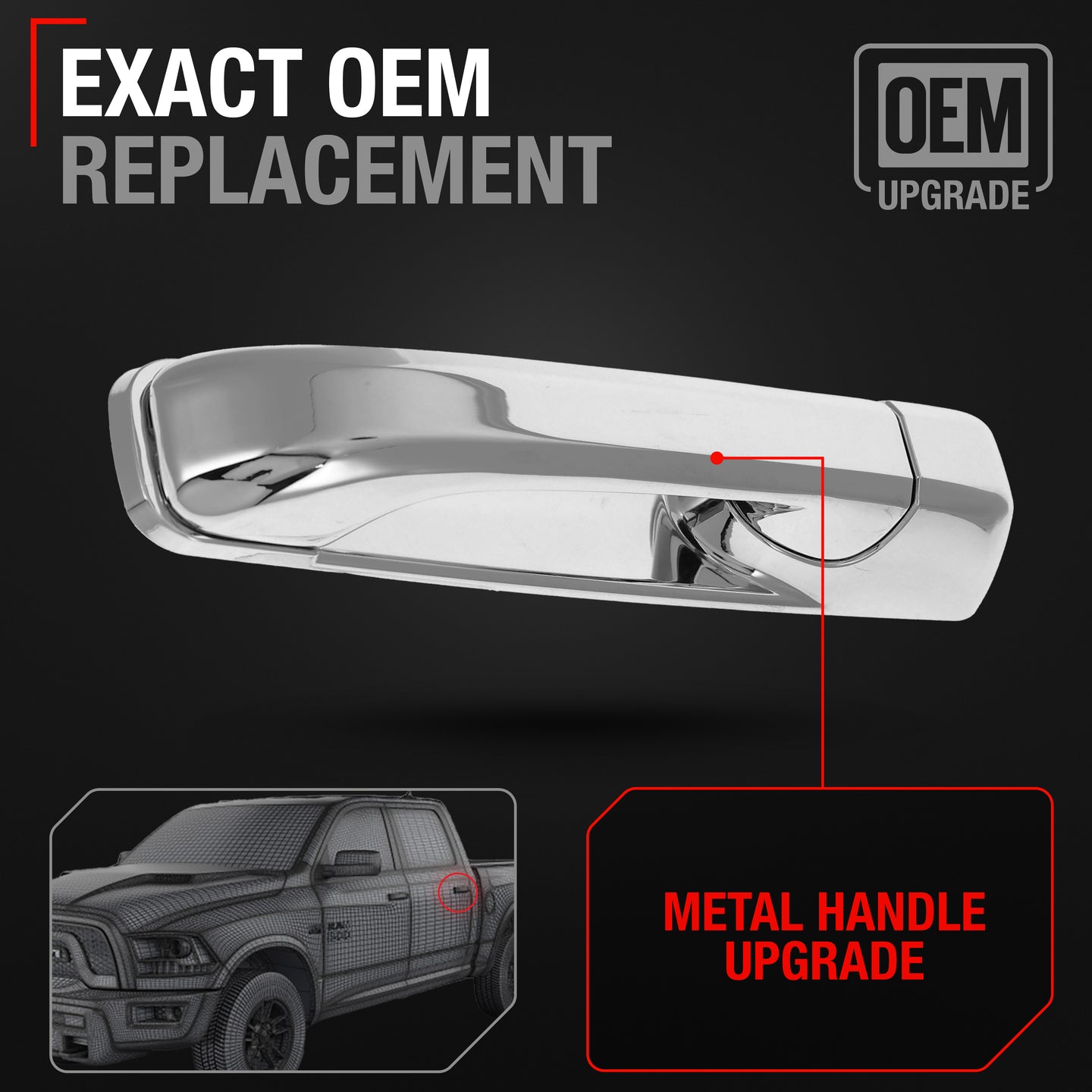 Dodge Ram Rear Driver Door Handle - Chrome Finish Metal Upgrade, Exterior Fit for 1500 2500 3500 4500 5500 - Rear Driver Side Handle