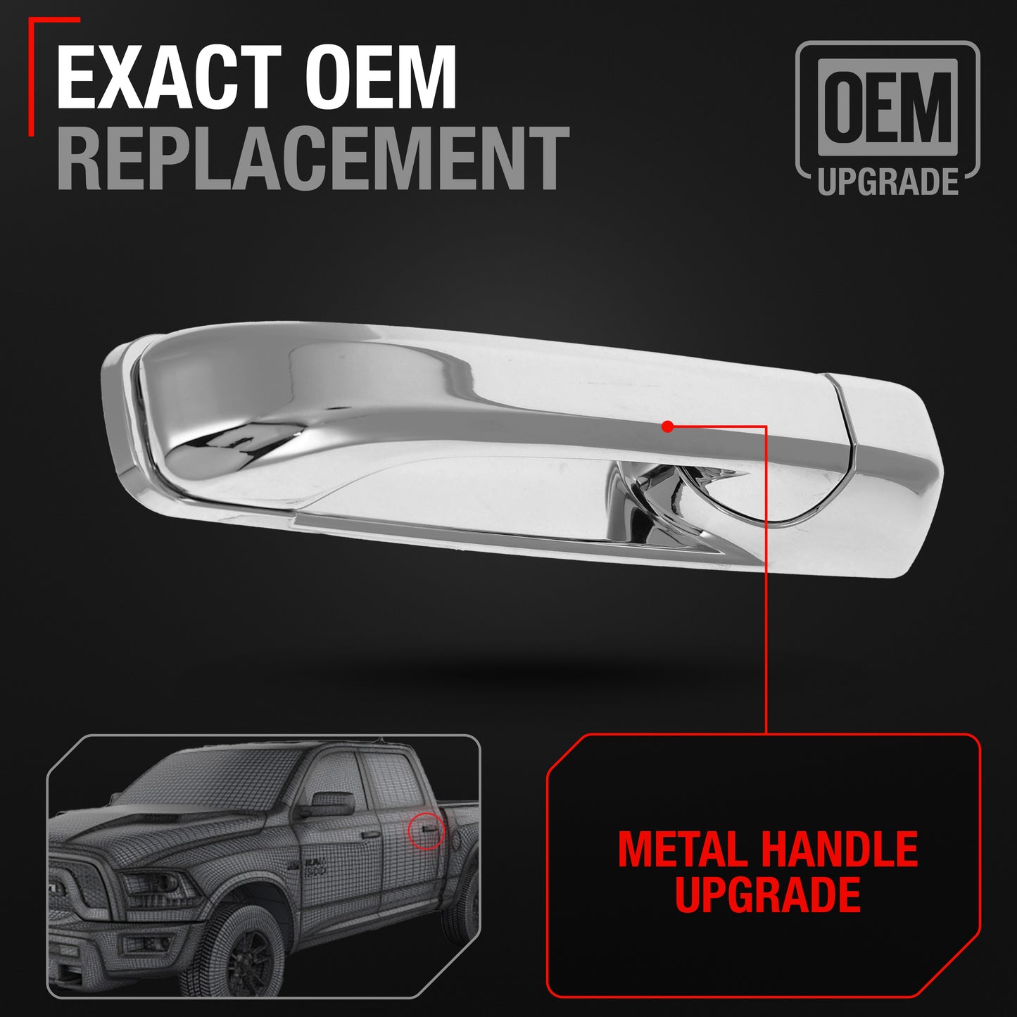 Dodge Ram Rear Driver Door Handle - Chrome Finish Metal Upgrade, Exterior Fit for 1500 2500 3500 4500 5500 - Rear Driver Side Handle