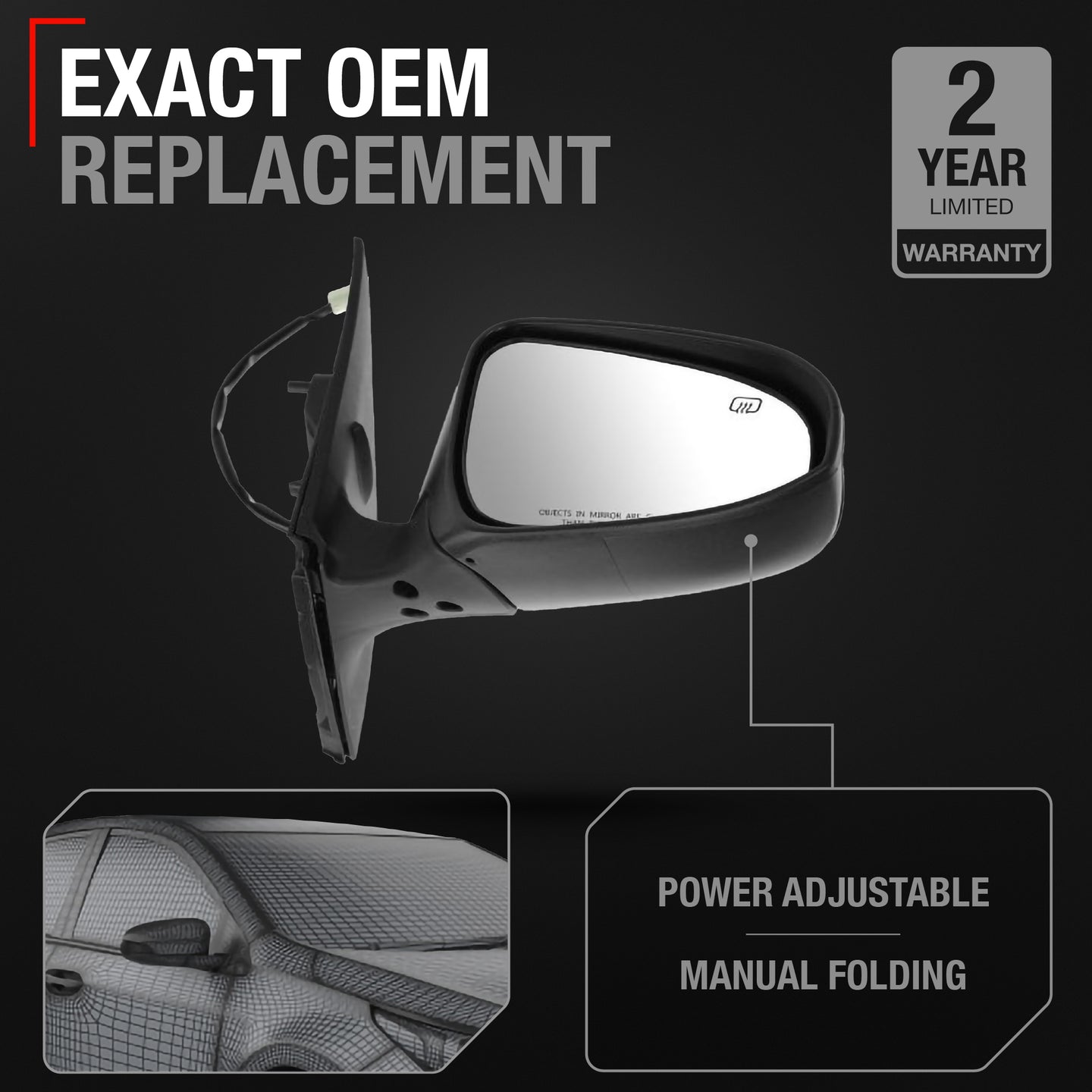Passenger Side Heated Power Side View Mirror - Compatible with 2014-2019 Toyota Corolla - Power Heated, Manual Folding - Paintable Textured Black Housing - OEM 8791002F91C0 - Passenger Side Mirror