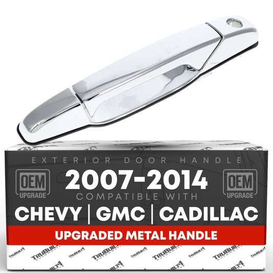 T1A Exterior Front Driver Door Handle, Upgraded Metal - Compatible with 2007-2014 Chevrolet Silverado; 07-14 GMC Sierra 1500 2500 3500; Cadillac Escalade - All Chrome w/Keyhole - OEM 22738721, 80546 - Front Driver Side Handle