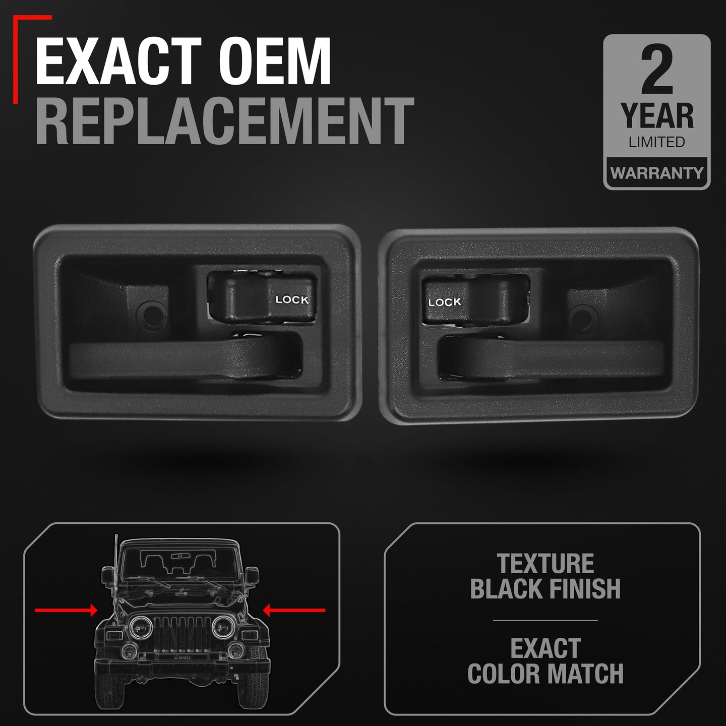 2003-2006 Jeep Wrangler Interior Front Driver and Passenger Door Handle Set - Textured Black Plastic - Driver + Passenger Door Handle