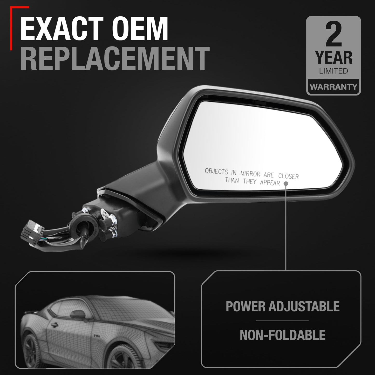 2016-2021 Chevrolet Camaro Passenger Side Mirror Replacement Powered Adjustment Non-Foldable Convex Glass Smooth Black - Passenger Side Mirror