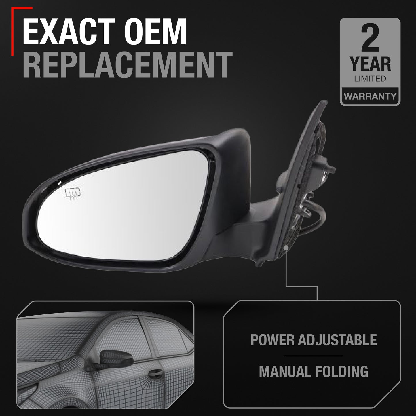 Driver Side Heated Power Side View Mirror - Compatible with 2014-2019 Toyota Corolla - Power Heated, Manual Folding - Paintable Textured Black Housing - OEM 8794002F31C0 - Driver Side Mirror
