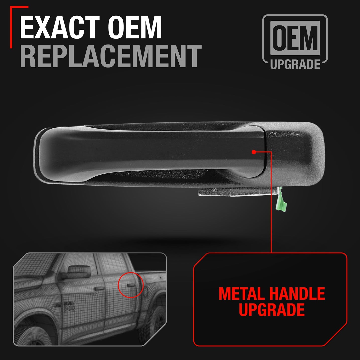 2011-2021 Dodge Ram Exterior Rear Driver Door Handle, Upgraded Metal - Textured Black - Rear Driver Side Handle