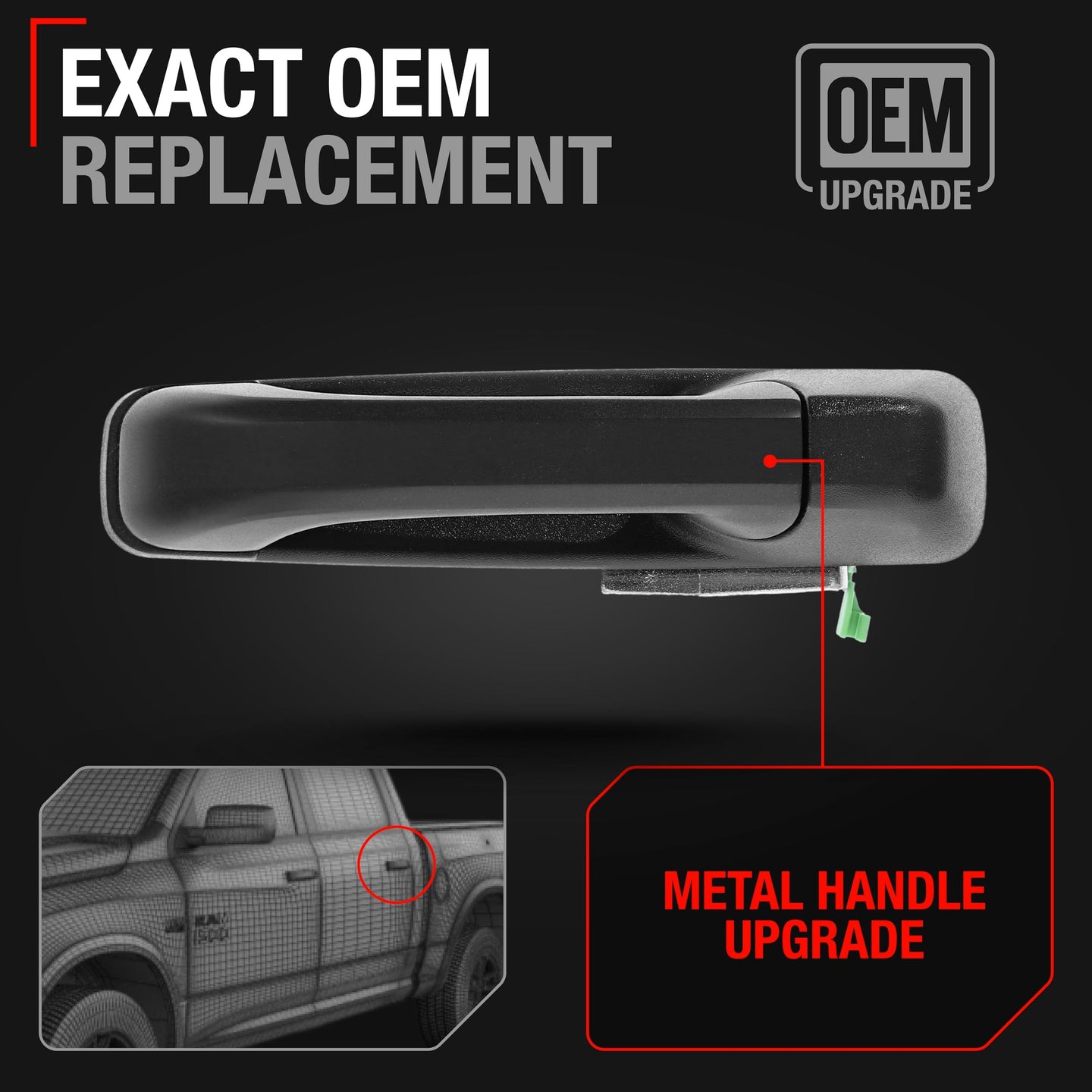 2011-2021 Dodge Ram Exterior Rear Driver Door Handle, Upgraded Metal - Textured Black - Rear Driver Side Handle