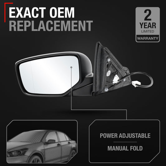 Honda Accord 4D Driver Mirror - Manual Fold, Aspherical Glass, Power Adjust, Smooth Black Replacement - Driver Side Mirror