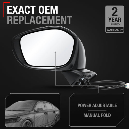 Honda Civic Driver Mirror - Manual Fold, Flat Glass, Power Adjust, Smooth Black Housing, Direct Replacement - Driver Side Mirror