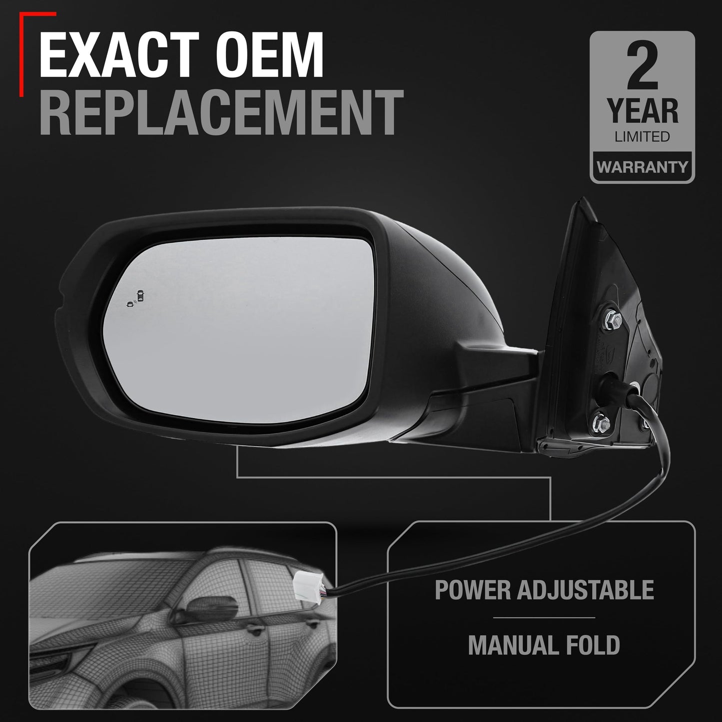 2017-2022 Honda CR-V Driver Side Mirror - Powered Adjustment Manual Folding Heated Turn Signal Blind Spot Detection Flat Glass Smooth Black - Driver Side Mirror