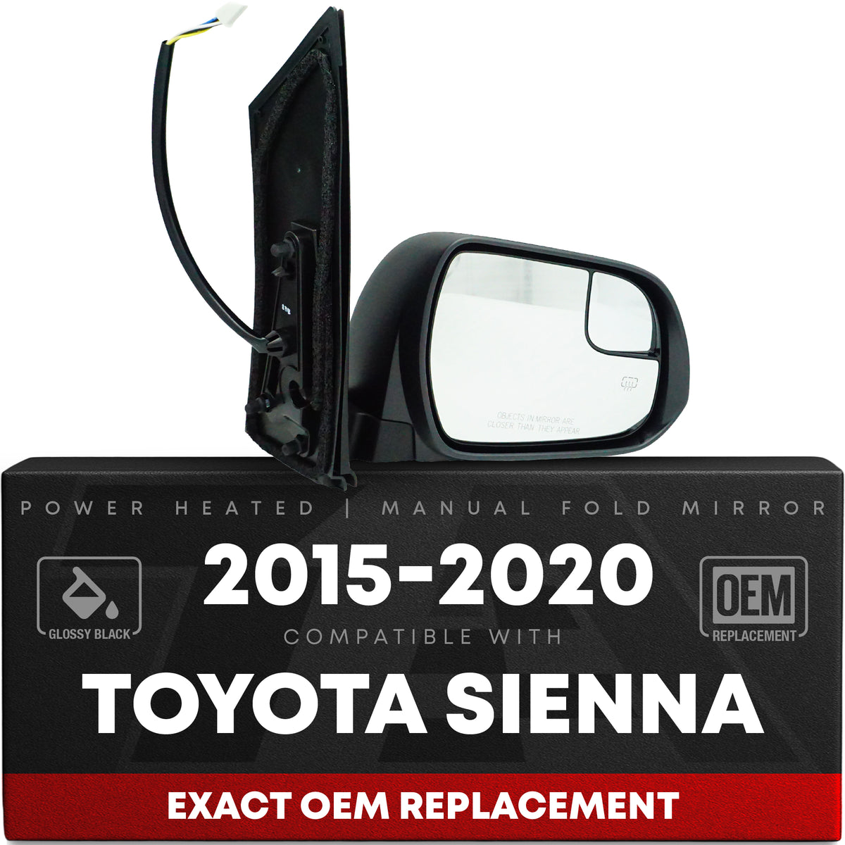 Passenger Side Heated Side View Mirror with Blind Spot Detection - Compatible with 2015-2020 Toyota Sienna - Power Heated, Blind Spot Detection, Manual Folding - OEM 8791008150 - Passenger Side Mirror