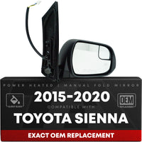 Passenger Side Heated Side View Mirror with Blind Spot Detection - Compatible with 2015-2020 Toyota Sienna - Power Heated, Blind Spot Detection, Manual Folding - OEM 8791008150 - Passenger Side Mirror