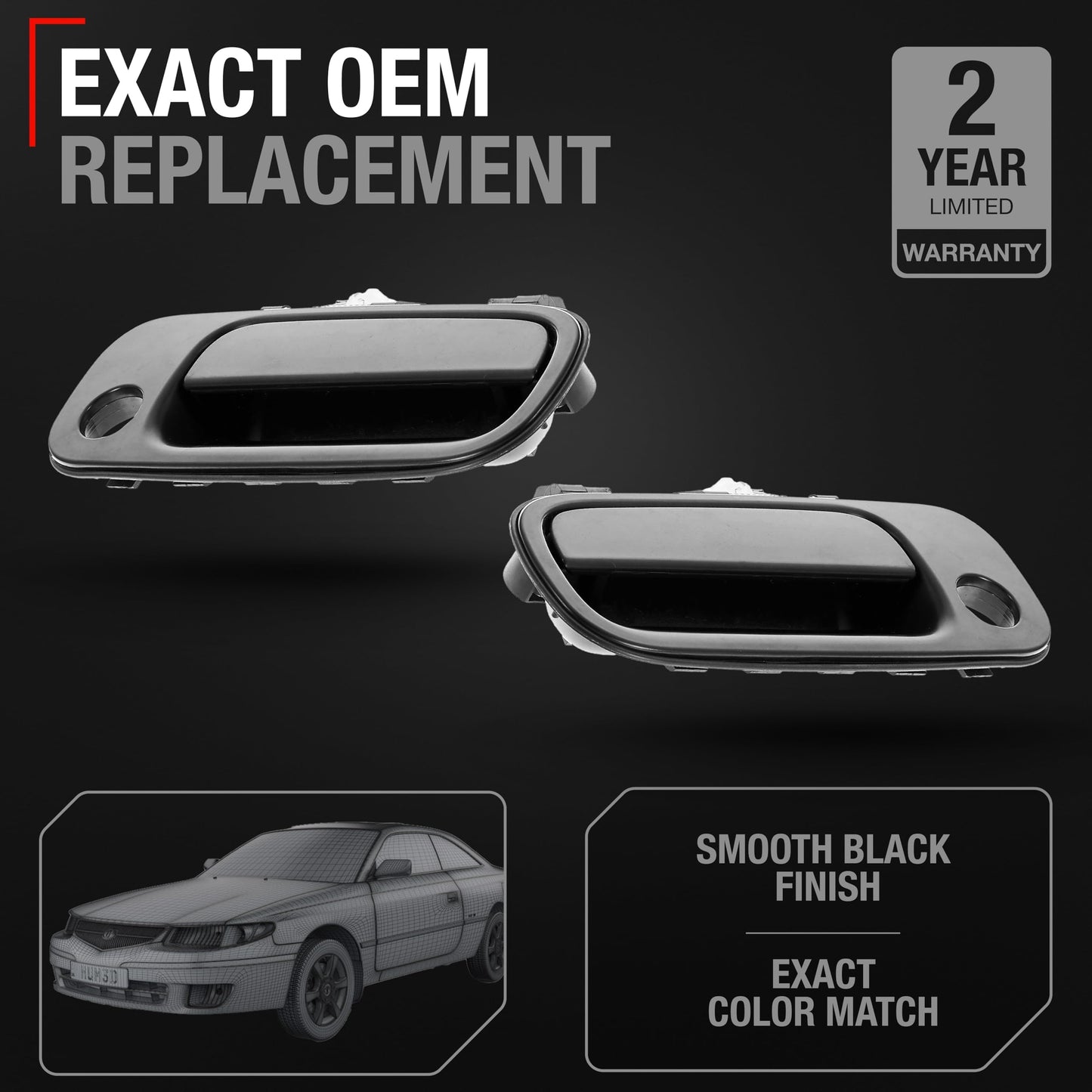 Exterior Front Driver and Passenger Door Handle Replacement - Compatible with 1997-2001 Toyota Camry - Smooth Black, Plastic - OEM 6922033040, 6922033041, 69220AA010, 69220YC030, 79426 - Front Driver + Passenger Door Handle