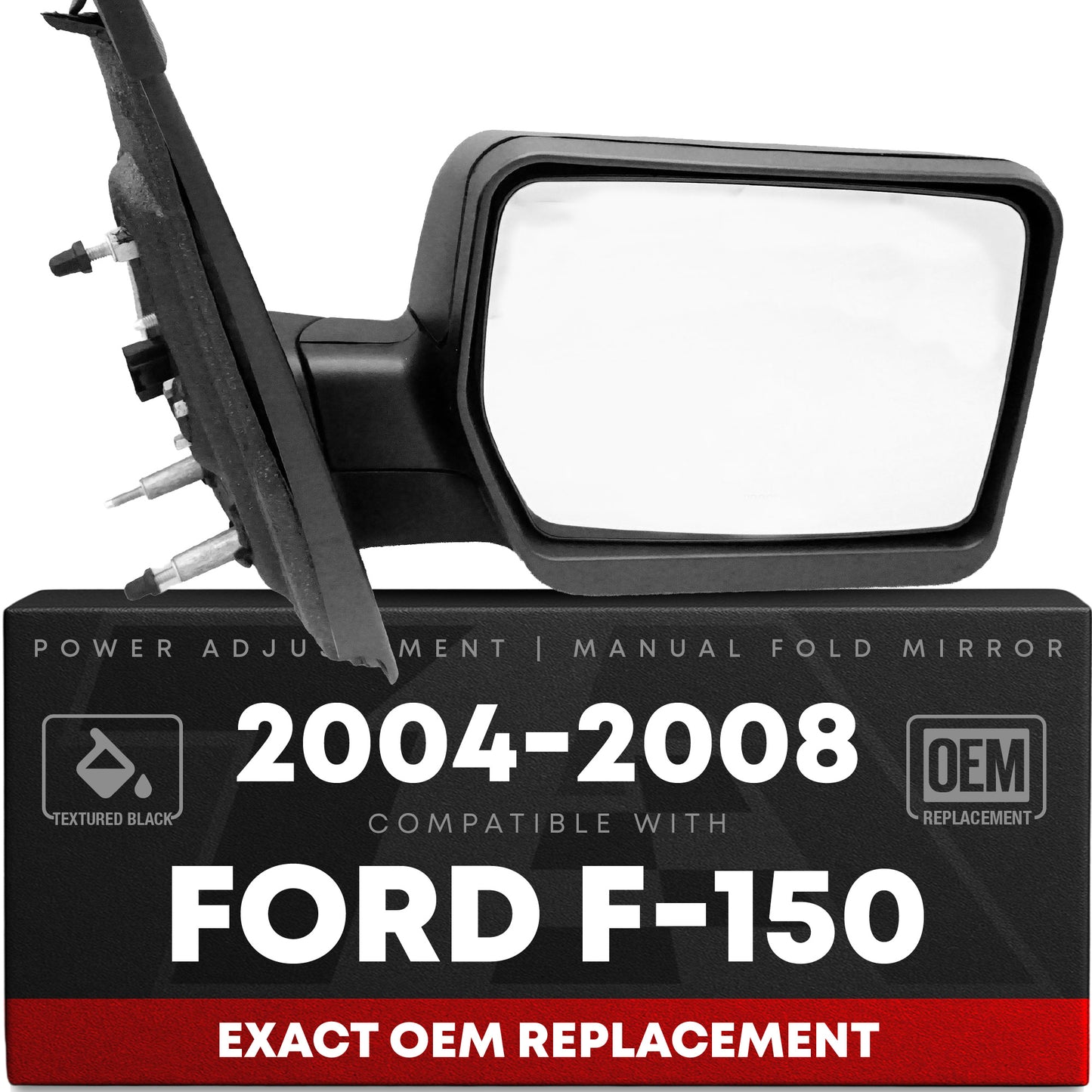 Driver Side Power Adjustable Side View Mirror - Compatible with 2004-2008 Ford F-150 - Power Adjust, Non-Heated, Manual Folding - Textured Black Housing - OEM 8L3Z17683EA - Driver Side Mirror