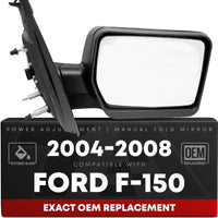Driver Side Power Adjustable Side View Mirror - Compatible with 2004-2008 Ford F-150 - Power Adjust, Non-Heated, Manual Folding - Textured Black Housing - OEM 8L3Z17683EA - Driver Side Mirror