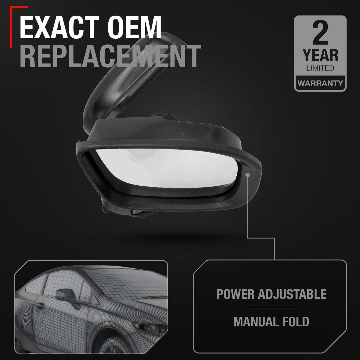 Passenger Side Power Adjustable Side View Mirror - Compatible with 2014-2015 Honda Civic - Power Adjust, Non-Heated, Manual Folding - Paintable Textured Black Housing - OEM 76208TR4C01-PFM - Passenger Side Mirror