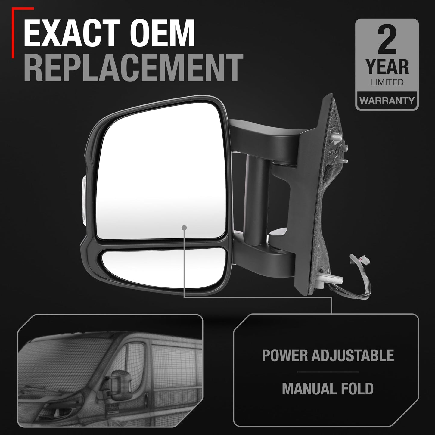 2014-2024 Ram Promaster Driver Side Mirror Replacement Powered Manual Fold Turn Signal Dual Glass Textured Black - Driver Side Mirror