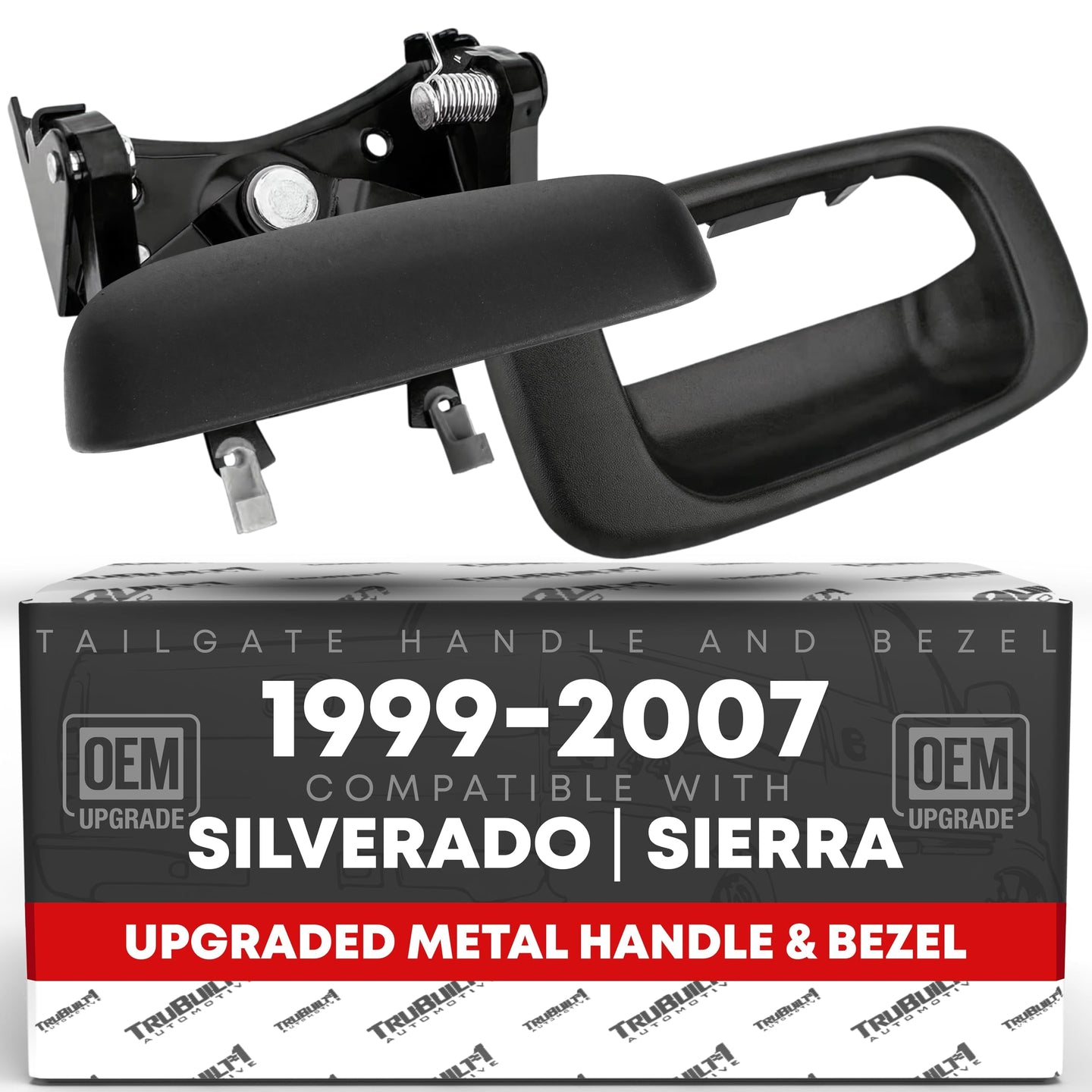 1999-2007 Chevrolet Silverado 1500 2500 3500 GMC Sierra 1500 2500 3500 Tailgate Handle Latch with Improved Bezel Trim and Rod Clips - Upgraded Metal - Metal Handle + Improved Bezel