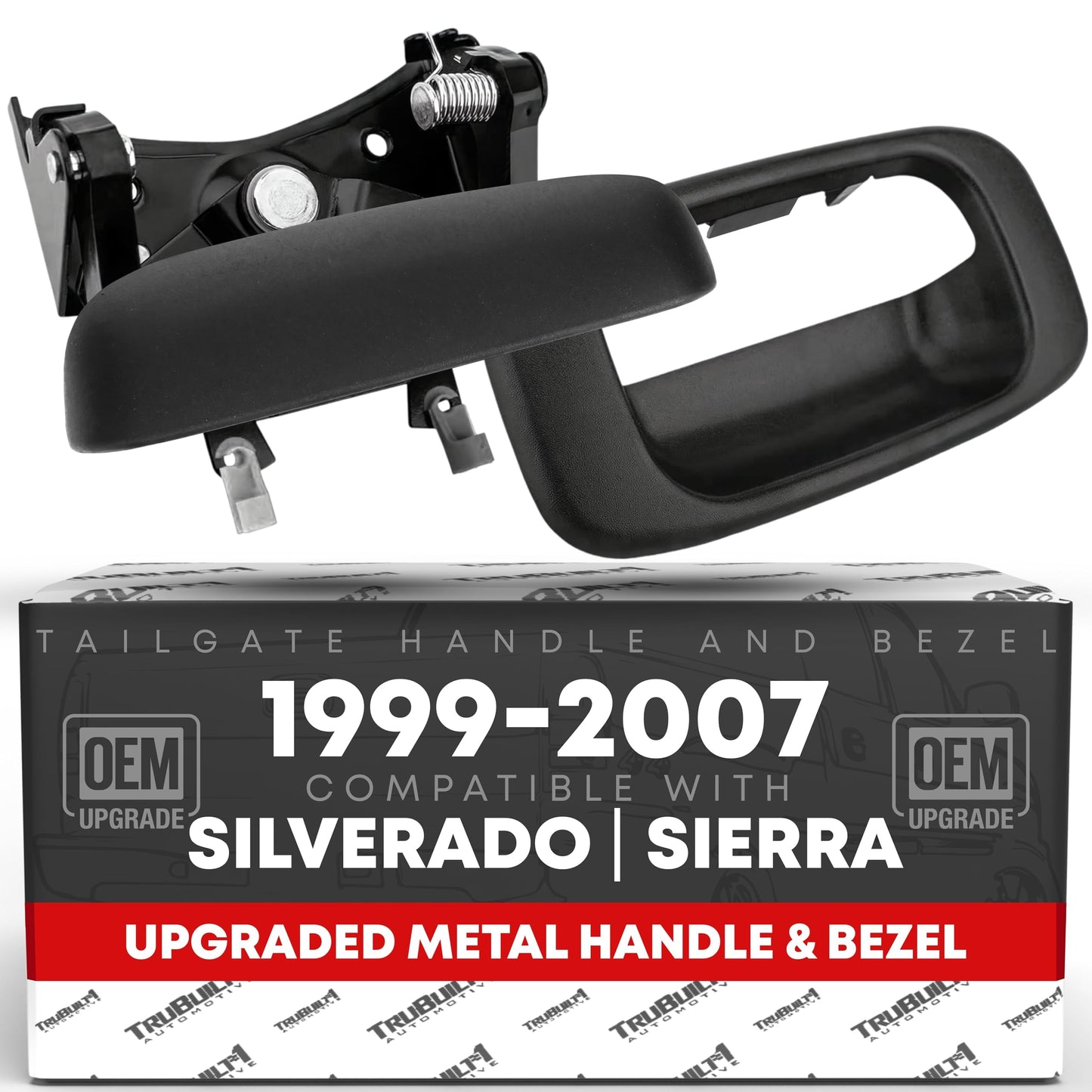 1999-2007 Chevrolet Silverado 1500 2500 3500 GMC Sierra 1500 2500 3500 Tailgate Handle Latch with Improved Bezel Trim and Rod Clips - Upgraded Metal - Metal Handle + Improved Bezel