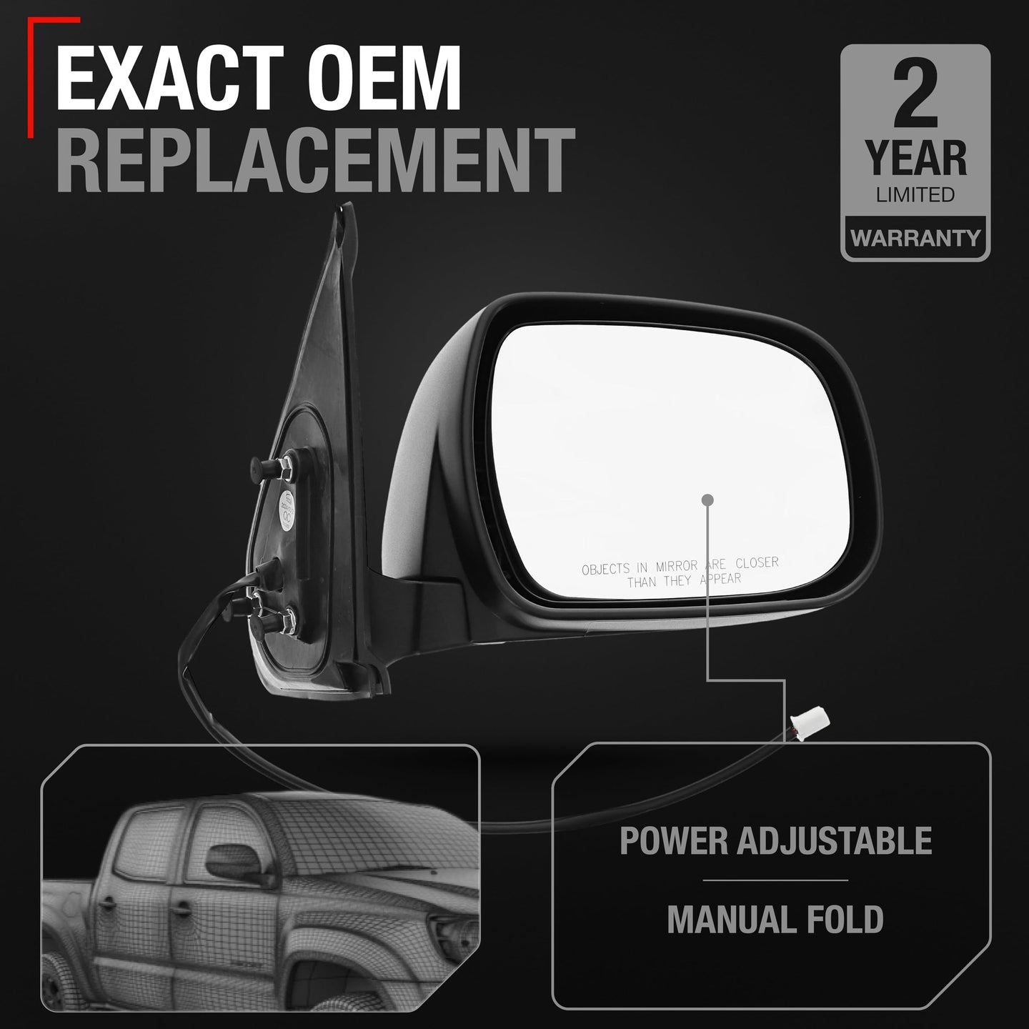 2005-2011 Toyota Tacoma Passenger Side Mirror Replacement - Powered Adjustment Manual Folding Convex Glass Textured Black - Passenger Side Mirror