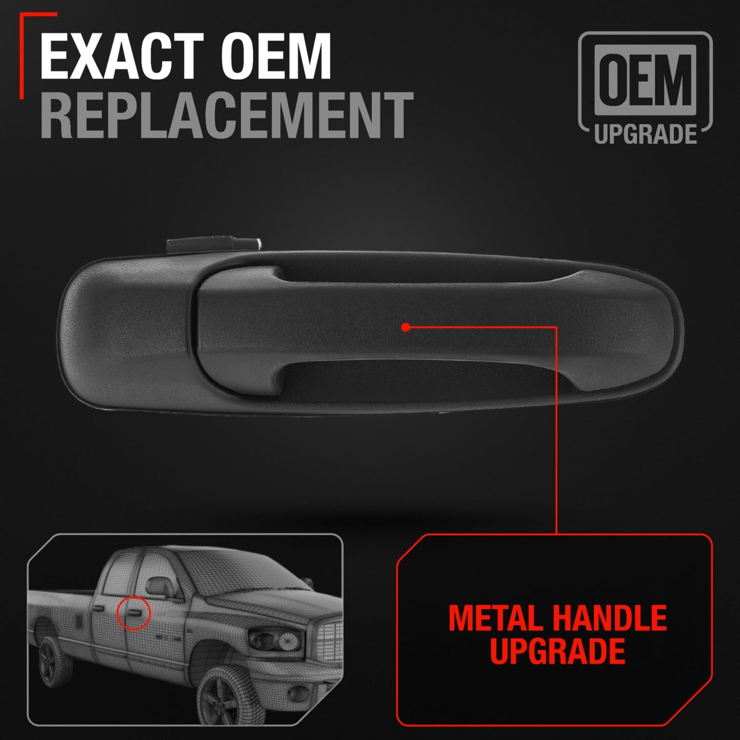 2002-2009 Dodge Ram 1500, 2500, 3500, 4500, 5500; 2005-2010 Dodge Dakota; 2004-2009 Dodge Durango Exterior Front Passenger Door Handle, Upgraded Metal - Textured Black - Front Passenger Handle without Keyhole