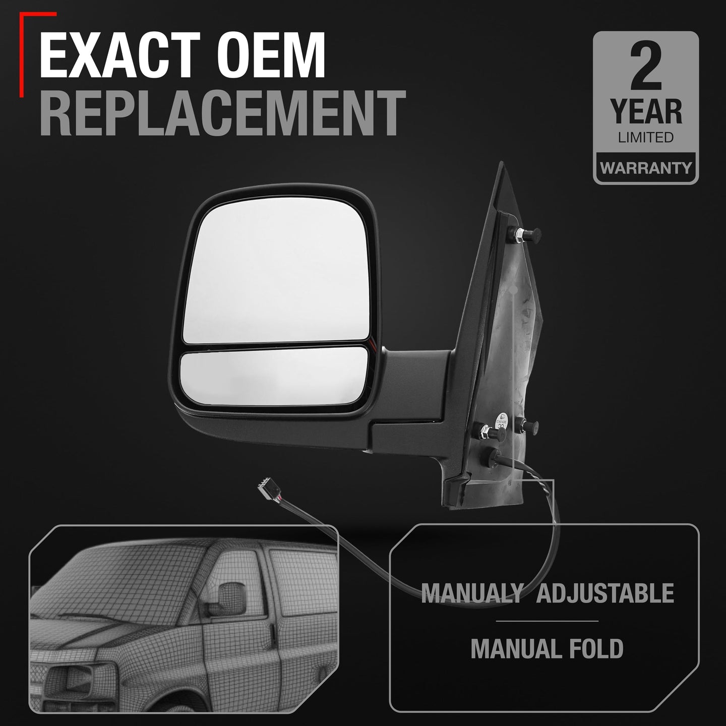 2008-2023 Chevrolet Express GMC Savana 1500 2500 3500 Driver Side Mirror - Heated Manual Folding Dual Glass - Driver Side Mirror