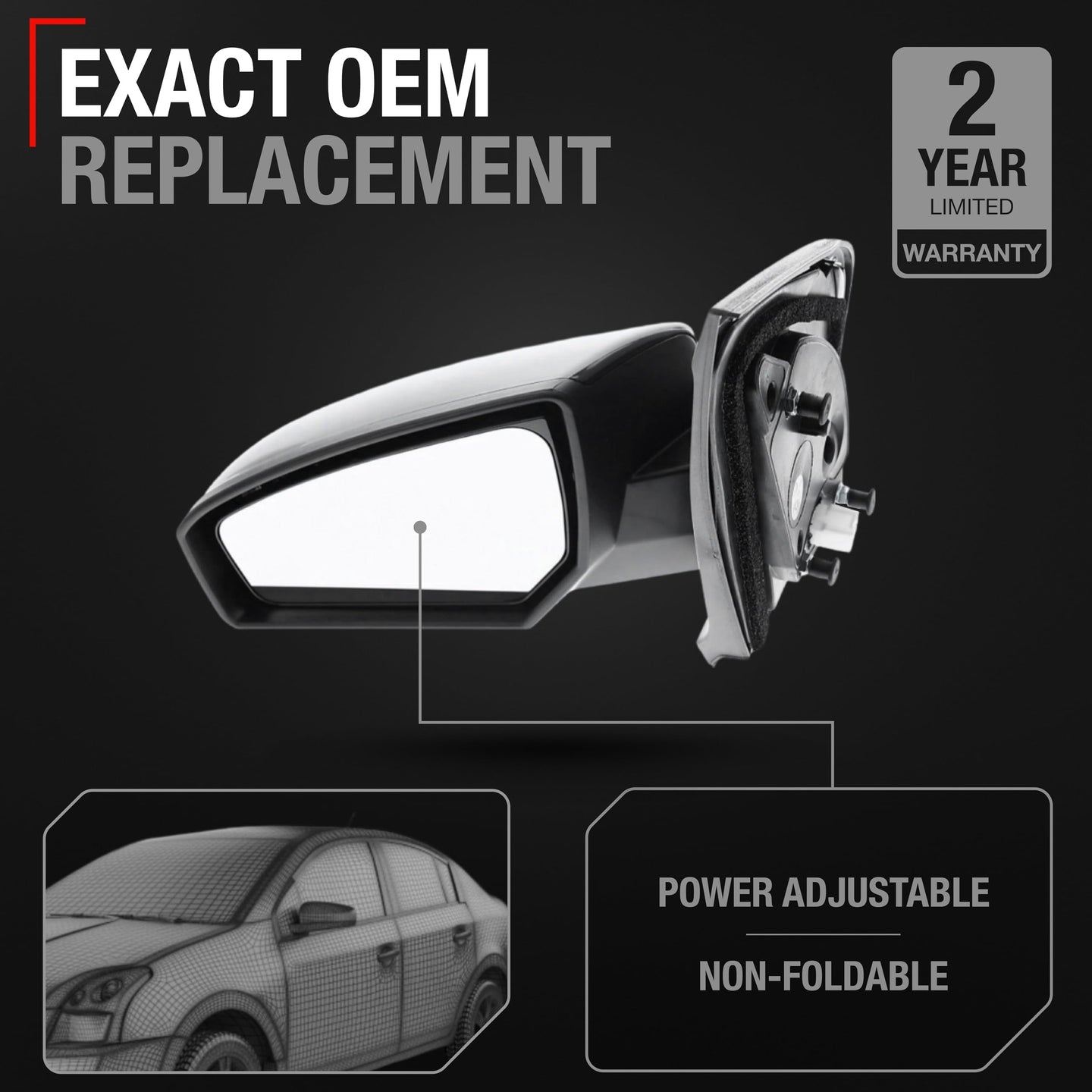 2007-2012 Nissan Sentra Passenger Side Mirror Replacement - Powered Adjustment, Non-Foldable, Convex Glass with English Warning - Black Cover - Passenger Side Mirror