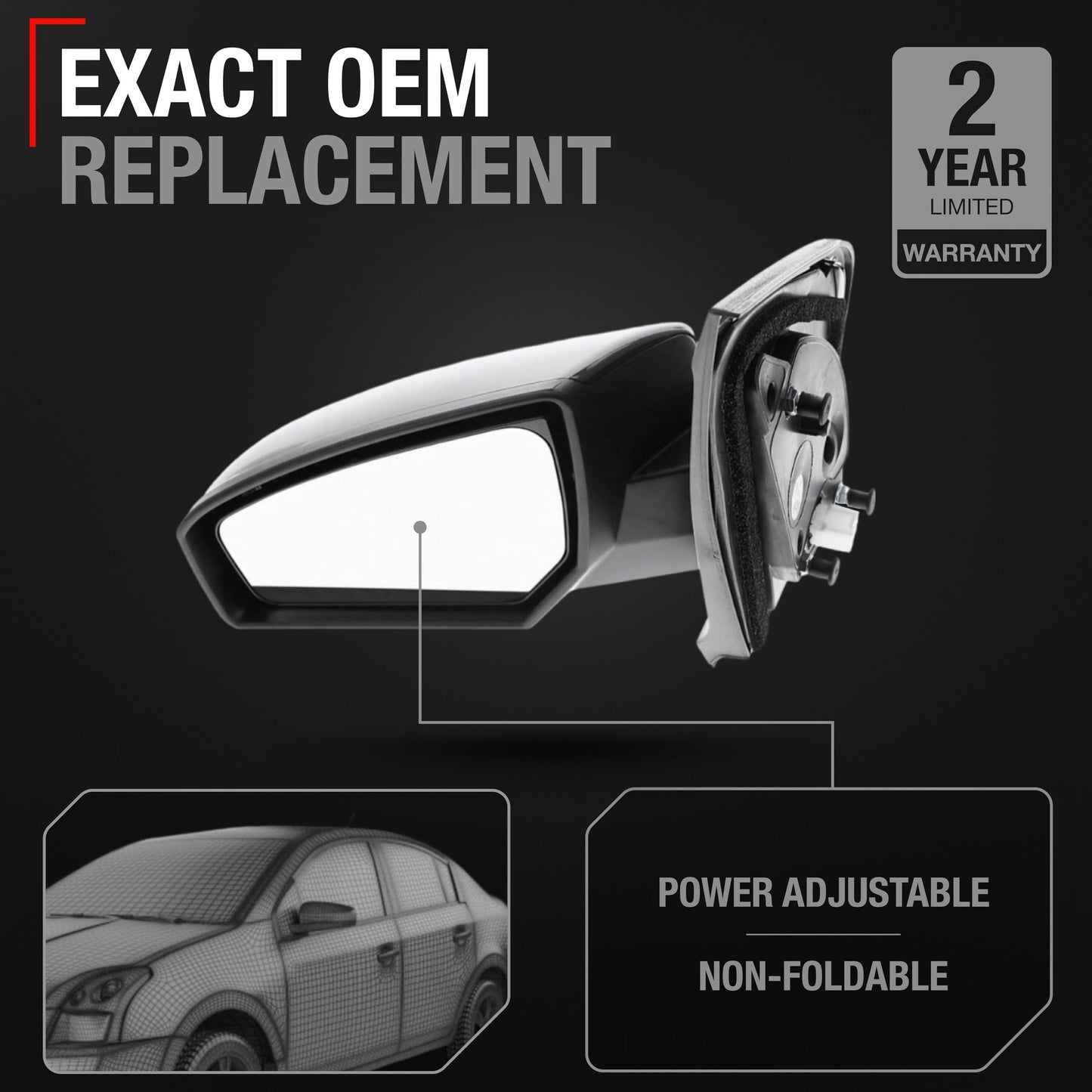 2007-2012 Nissan Sentra Passenger Side Mirror Replacement - Powered Adjustment, Non-Foldable, Convex Glass with English Warning - Black Cover - Passenger Side Mirror