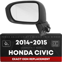 Driver Side Power Adjustable Side View Mirror - Compatible with 2014-2015 Honda Civic - Power Adjust, Non-Heated, Manual Folding - Paintable Textured Black Housing - OEM 76258TR4C01-PFM - Driver Side Mirror