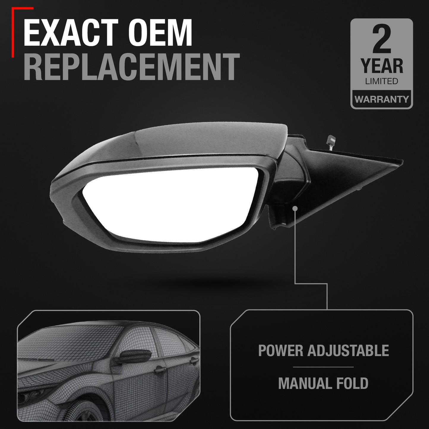 Driver Side Power Adjustable Side View Mirror - Compatible with 2016 Honda Civic - Power Adjust, Non-Heated, Manual Folding - Paintable Textured Black Housing - OEM 39530TX6A11