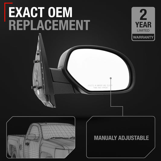 2007-2013 Chevrolet Silverado 1500 2500 3500 HD GMC Sierra 1500 2500 3500 HD Passenger Side Mirror - Manual Convex Glass Textured Black Cover - Passenger Side Mirror
