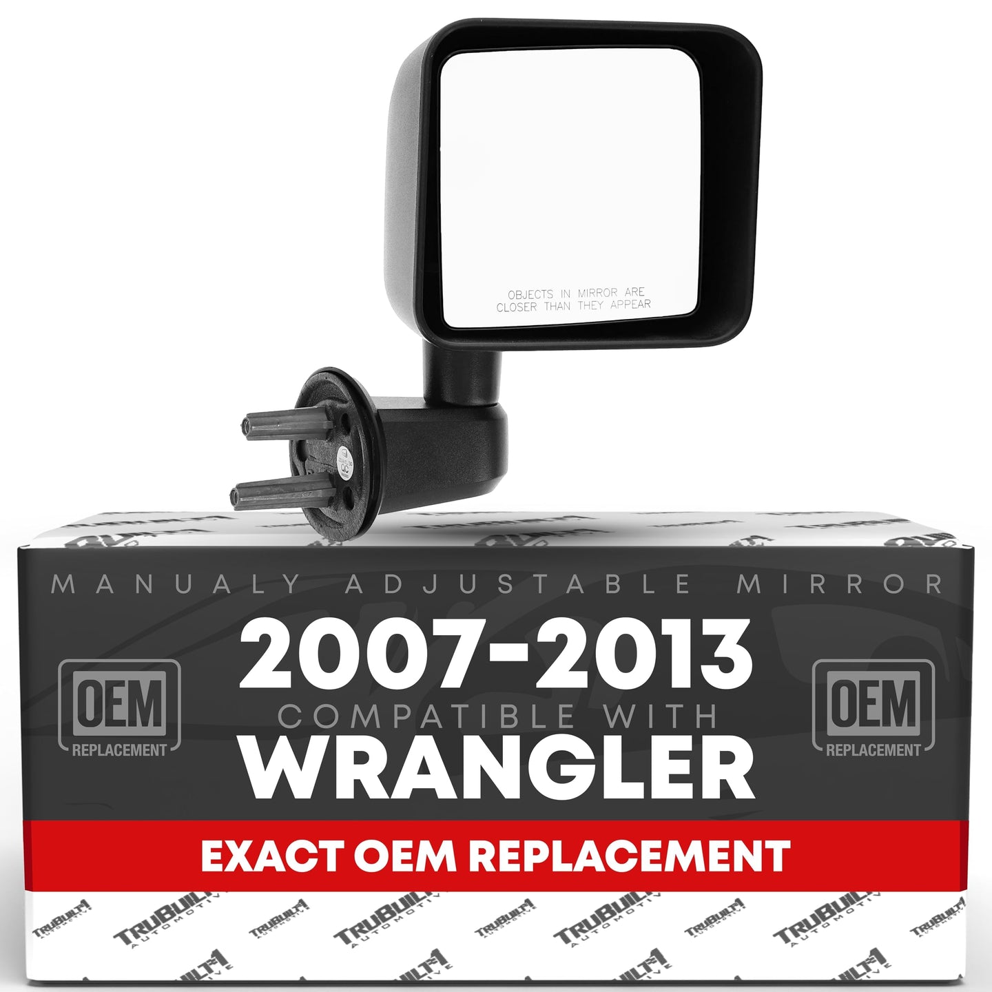 2007-2013 Jeep Wrangler Passenger Side Mirror - Manual Folding Convex Glass with English Warning Textured Black Cover - Passenger Side Mirror