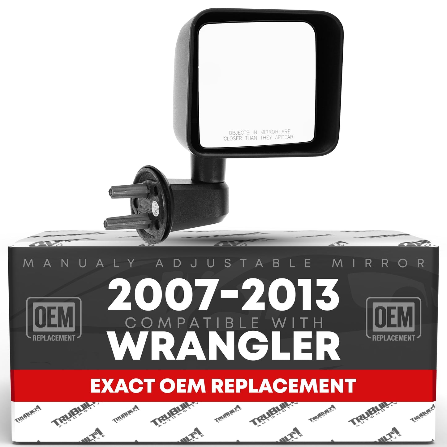 2007-2013 Jeep Wrangler Passenger Side Mirror - Manual Folding Convex Glass with English Warning Textured Black Cover - Passenger Side Mirror