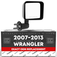 2007-2013 Jeep Wrangler Passenger Side Mirror - Manual Folding Convex Glass with English Warning Textured Black Cover - Passenger Side Mirror