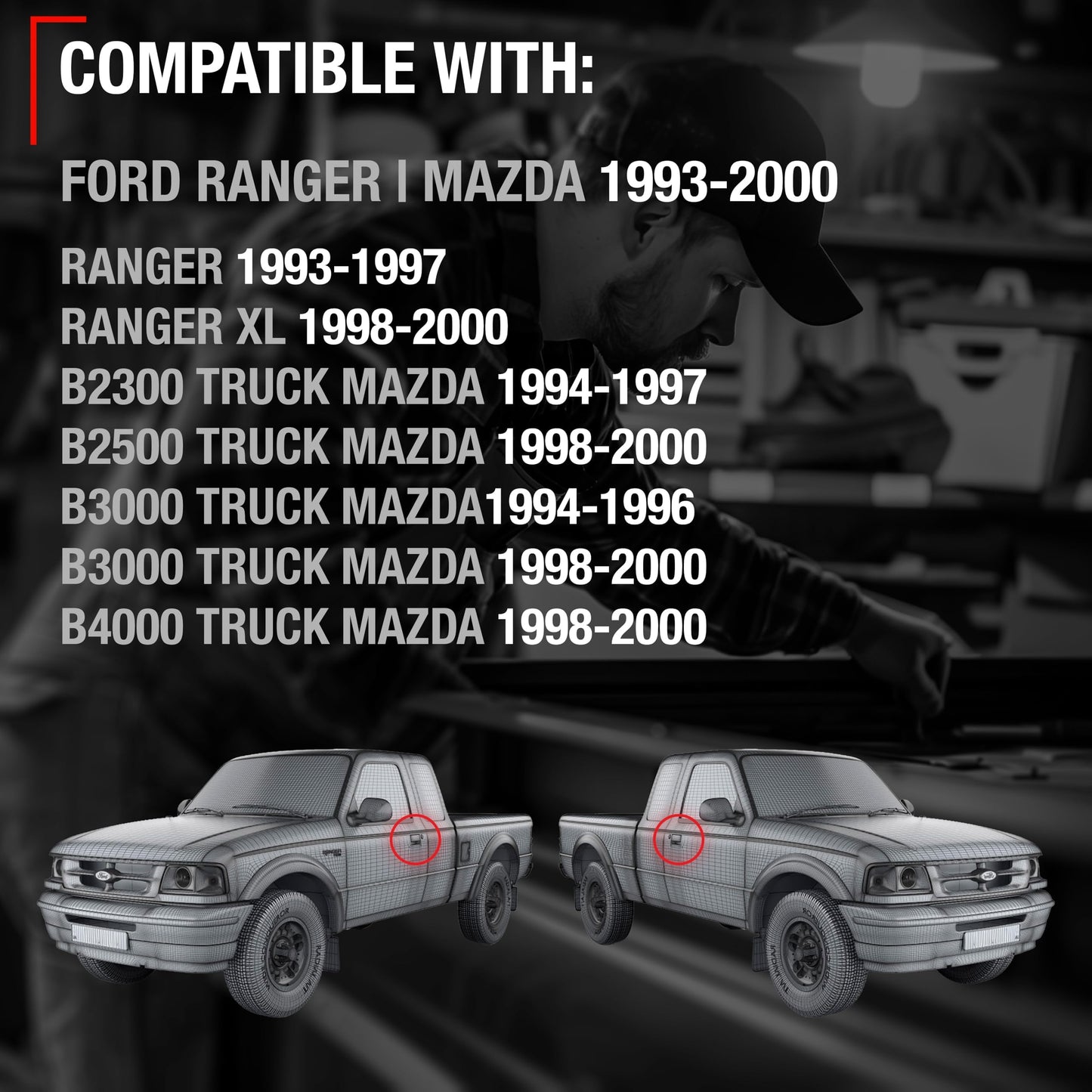 1993-2000 Ford Ranger Exterior Front Driver & Passenger Door Handle, Upgraded Metal - Textured Black - Front Left + Right - Metal