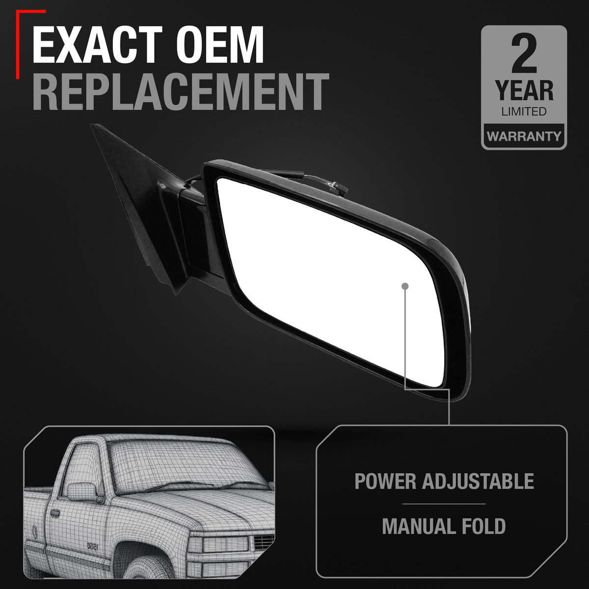 Passenger Side View Mirror - Compatible with 1988-2000 Chevy/GMC C/K Silverado Sierra Suburban Tahoe Yukon Blazer - Power Adjust, Manual Folding - OEM 15764758 - Passenger Side Mirror