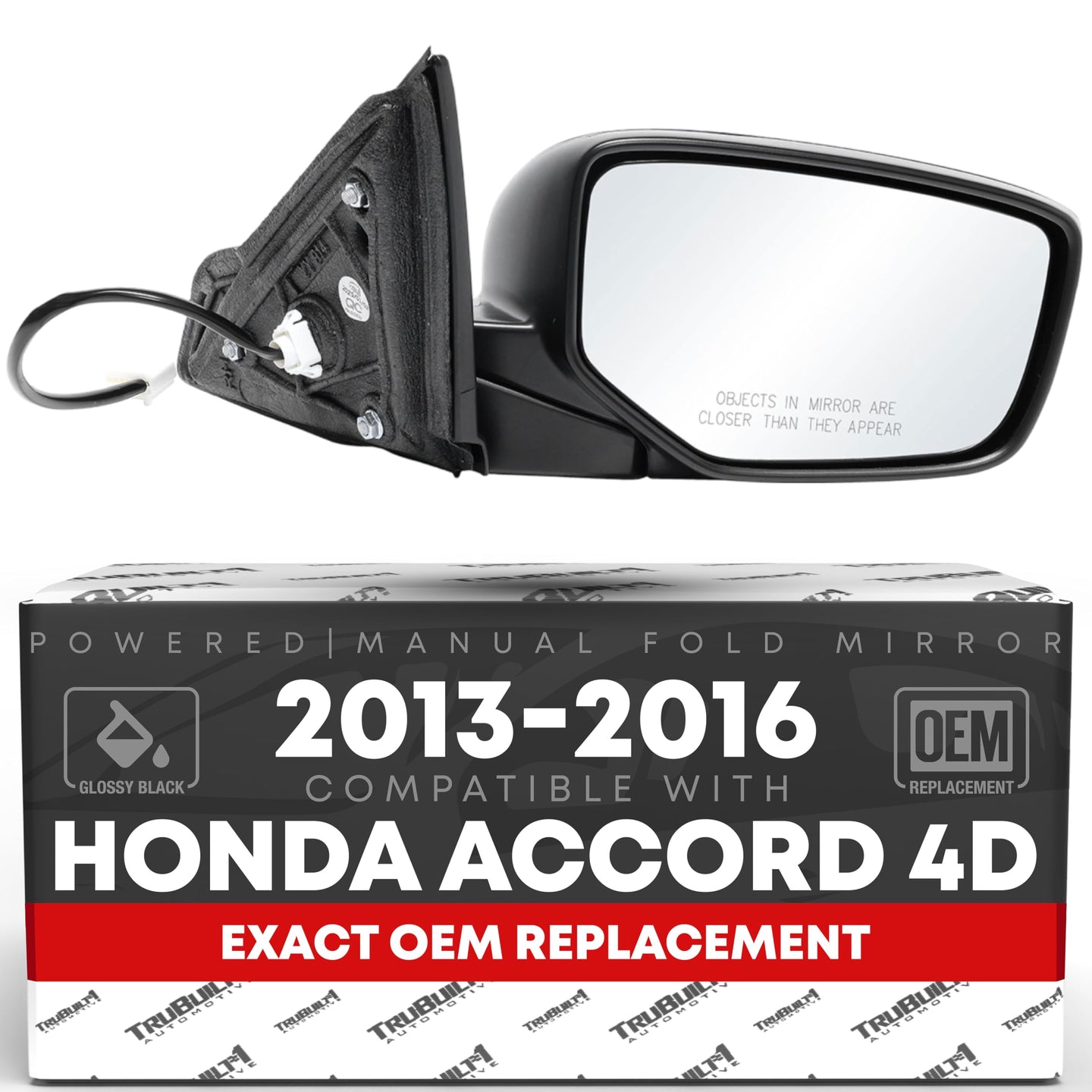 Honda Accord 4D Passenger Side Mirror - Manual Fold, Convex Glass, Smooth Black, Direct Fit Replacement - Passenger Side Mirror
