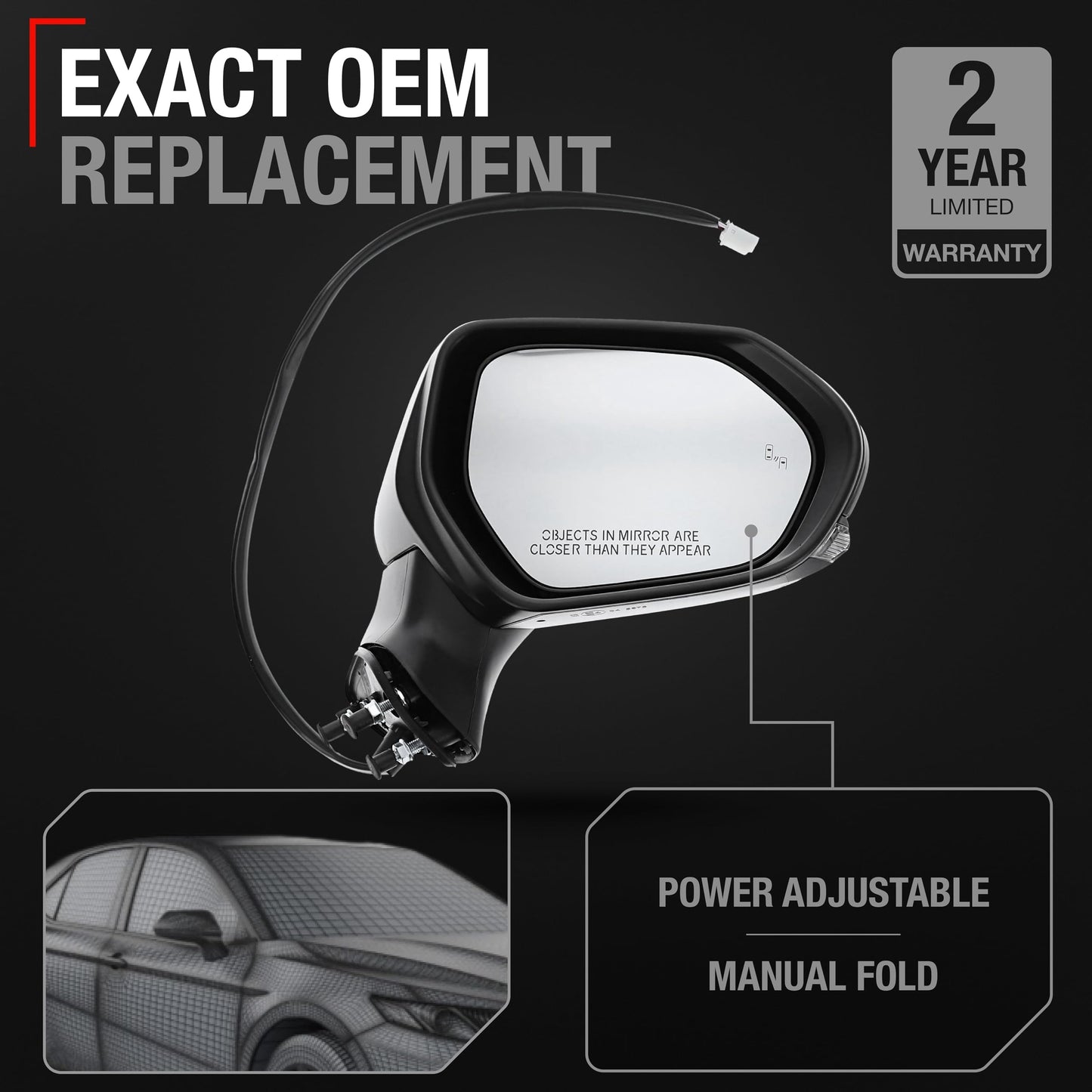 2009-2015 Honda Pilot Driver Side Mirror Replacement - Powered Adjustment, Heated, Manual Fold, Flat Glass - Smooth Black - Driver Side Mirror