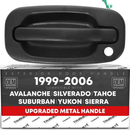 Exterior Front Driver Door Handle, Upgraded Metal - Compatible with 1999-2006 Chevrolet Silverado, Tahoe, Suburban, Avalanche; 99-06 GMC Sierra, Yukon - Textured Black - OEM 15034985, 77261, GM131012 - Front Driver Side Handle
