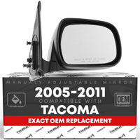 2005-2011 Toyota Tacoma Passenger Side Mirror Replacement - Manual Adjustment Manual Folding Convex Glass with English Warning Textured Black - Passenger Side Mirror